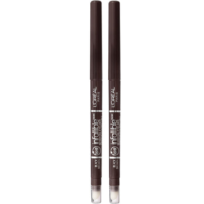 L'Oreal Paris front packaging showing two mechanical eyeliner pencils, convenient travel-ready