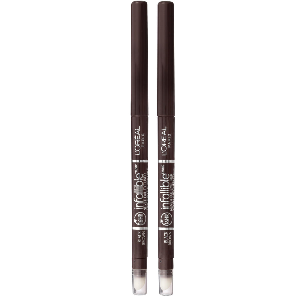 L'Oreal Paris front packaging showing two mechanical eyeliner pencils, convenient travel-ready