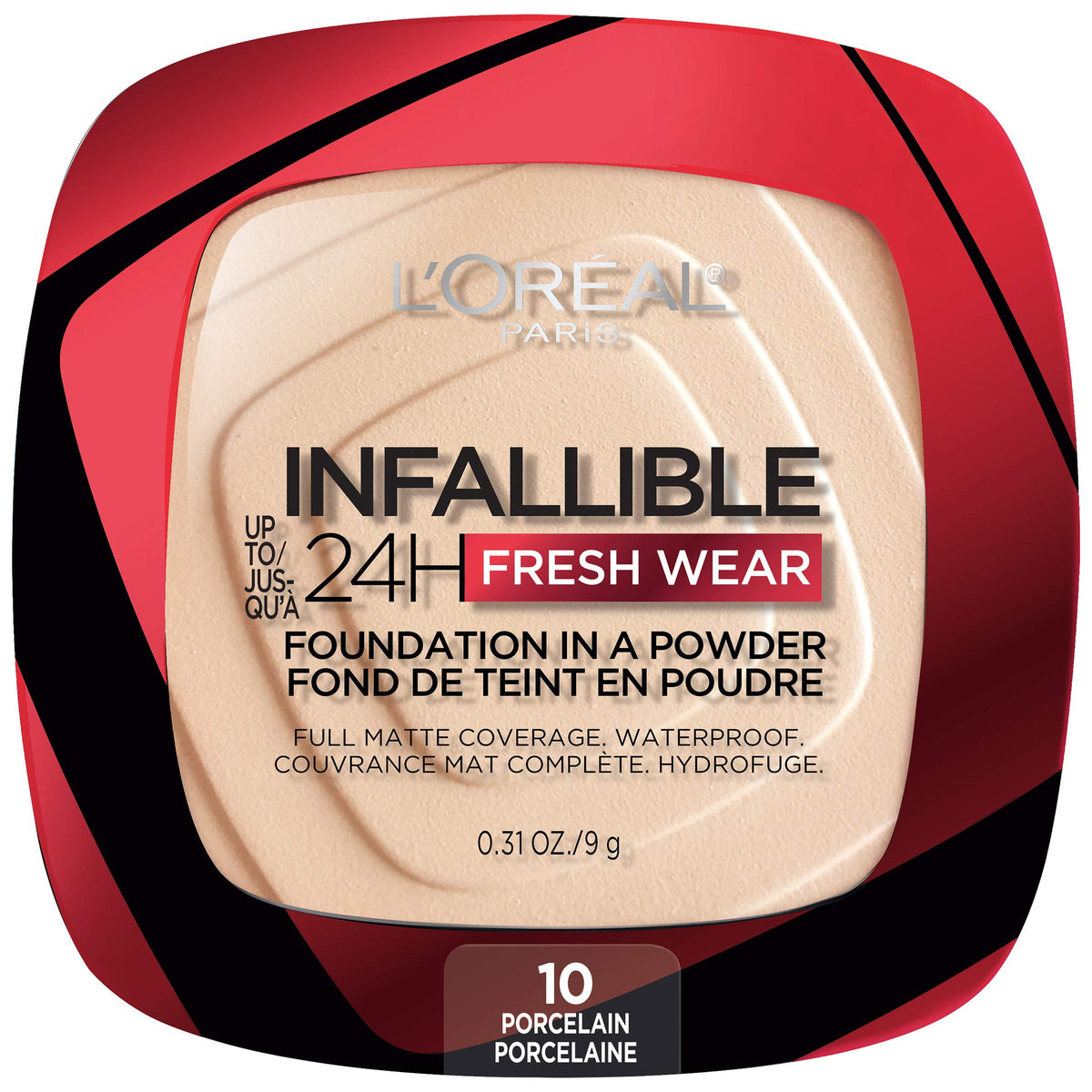 L'Oreal Paris compact front view showing sleek packaging and travel-ready design