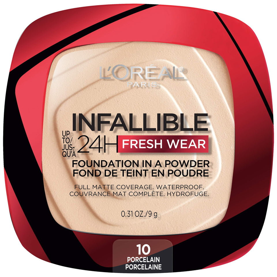 L'Oreal Paris compact front view showing sleek packaging and travel-ready design