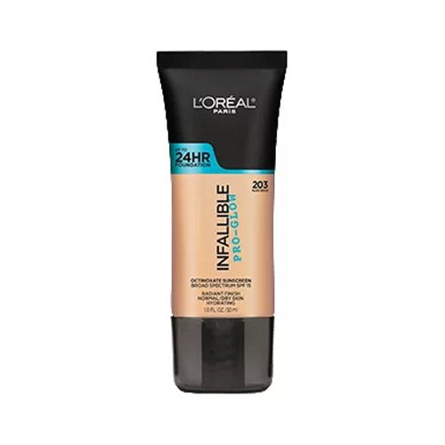 L'Oreal Paris front bottle shot showing shade and glowing finish benefit