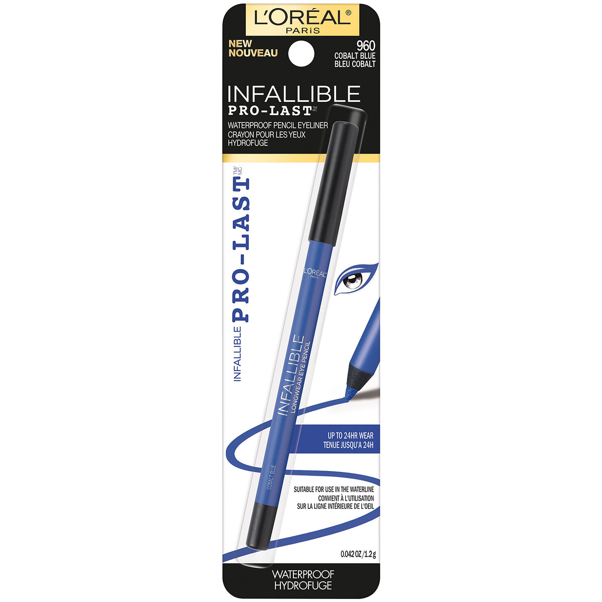 L'Oreal Paris front packaging showing cobalt blue eyeliner and branding benefit long-lasting wear