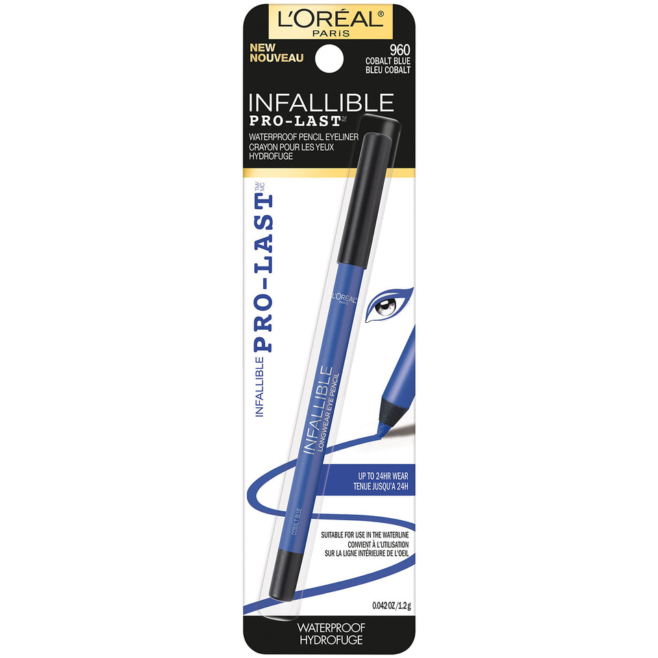 L'Oreal Paris front packaging showing cobalt blue eyeliner and branding benefit long-lasting wear