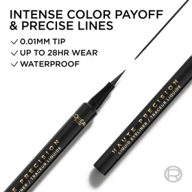 Swirl of L'Oreal Paris silk-black ink demonstrating smooth pigment flow and longwear benefit
