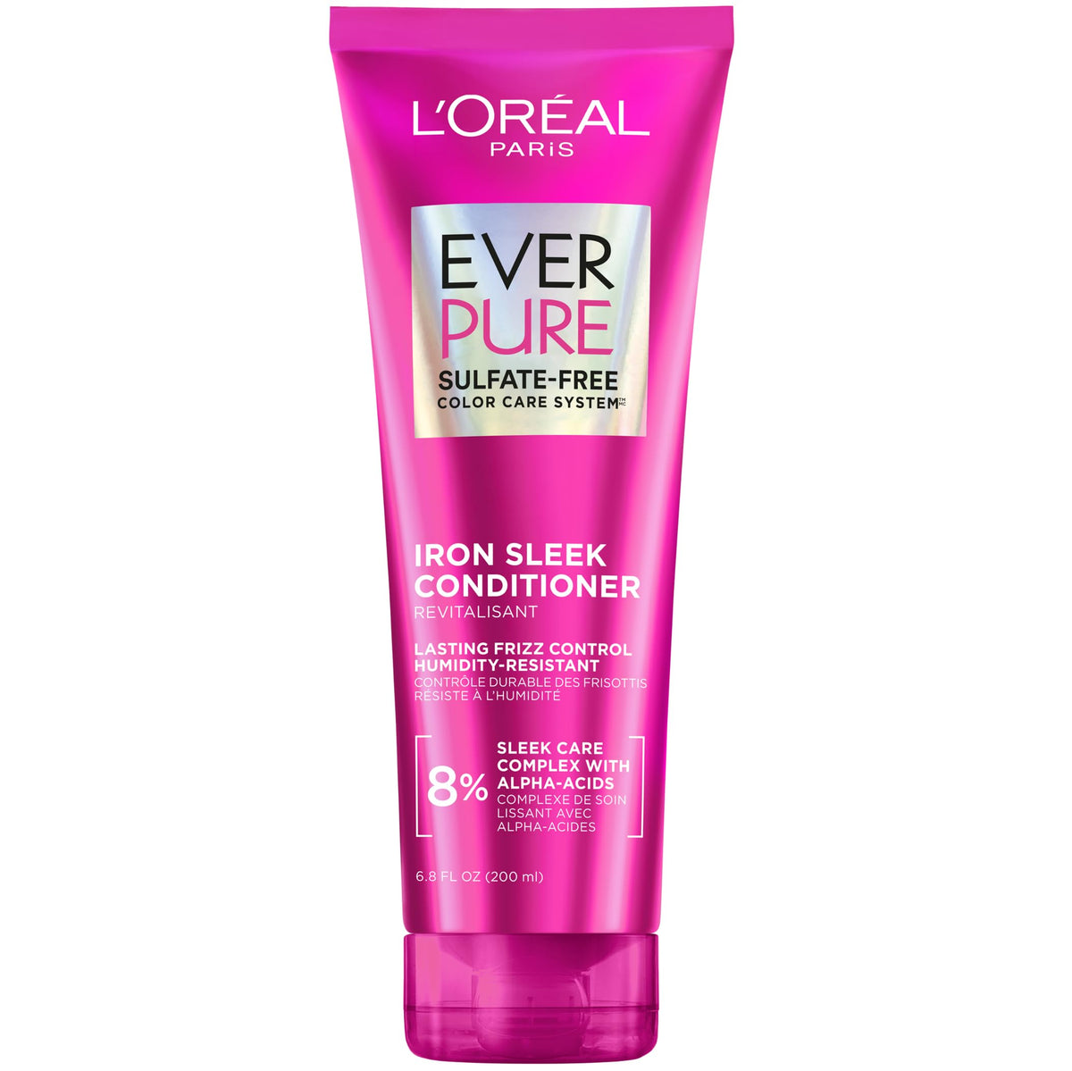 L'Oreal Paris front packaging showing Iron Sleek conditioner benefit for frizz control