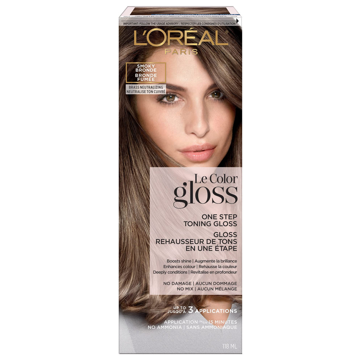 L'Oreal Paris Le Color Gloss front tube showing Smoky Bronde shade and clear benefit