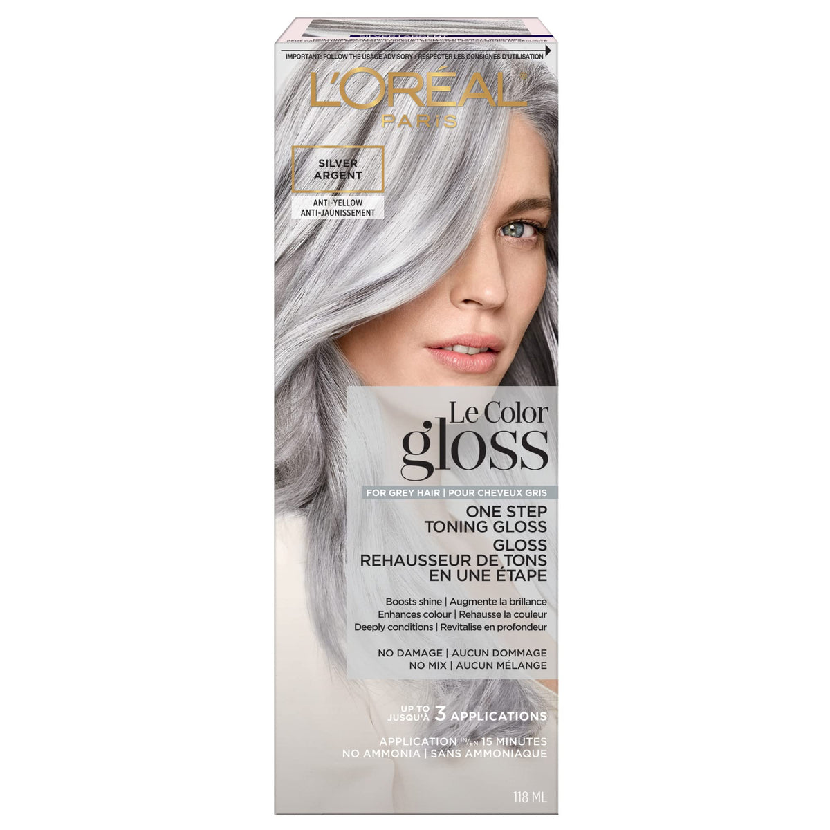 L'Oreal Paris front packaging showing silver gloss tube and benefits