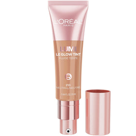 L'Oreal Paris Le Glow front packaging showing sleek bottle and neutral 210 shade benefit: easy everyday glow