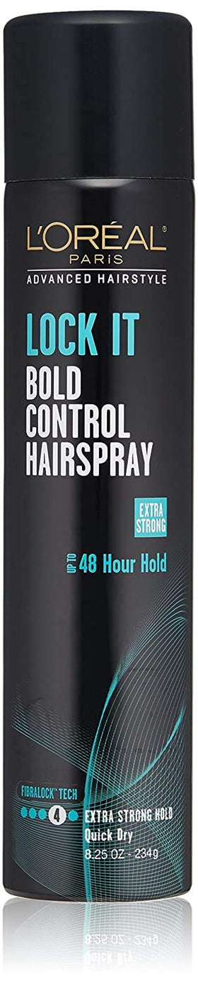 L'Oreal Paris Lock It front packaging showing can and branding, controls styles