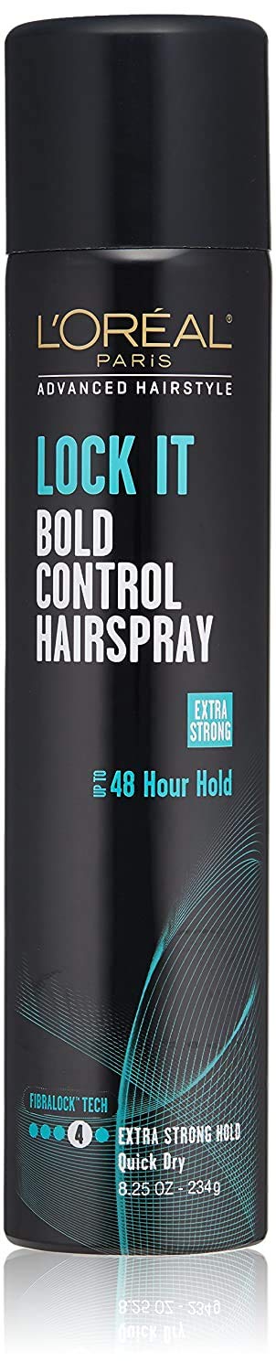 L'Oreal Paris Lock It front packaging showing can and branding, controls styles