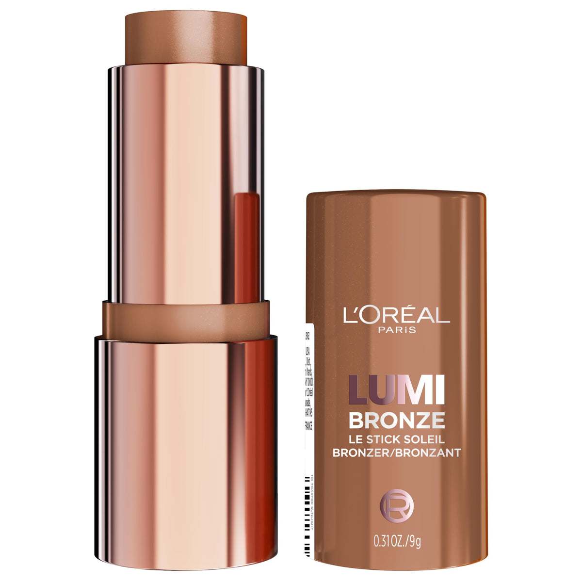 L'Oreal Paris front packaging of Lumi Bronze stick showing shade labeling and compact design