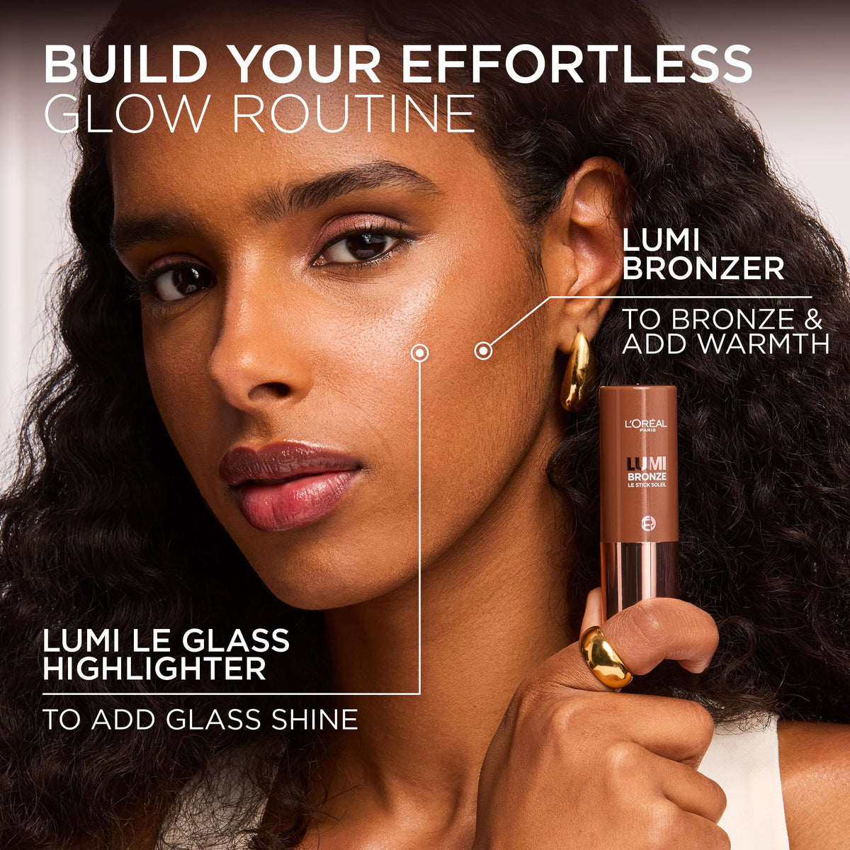 L'Oreal Paris Lumi Bronze stick paired with Lumi illuminator showing layered glow options