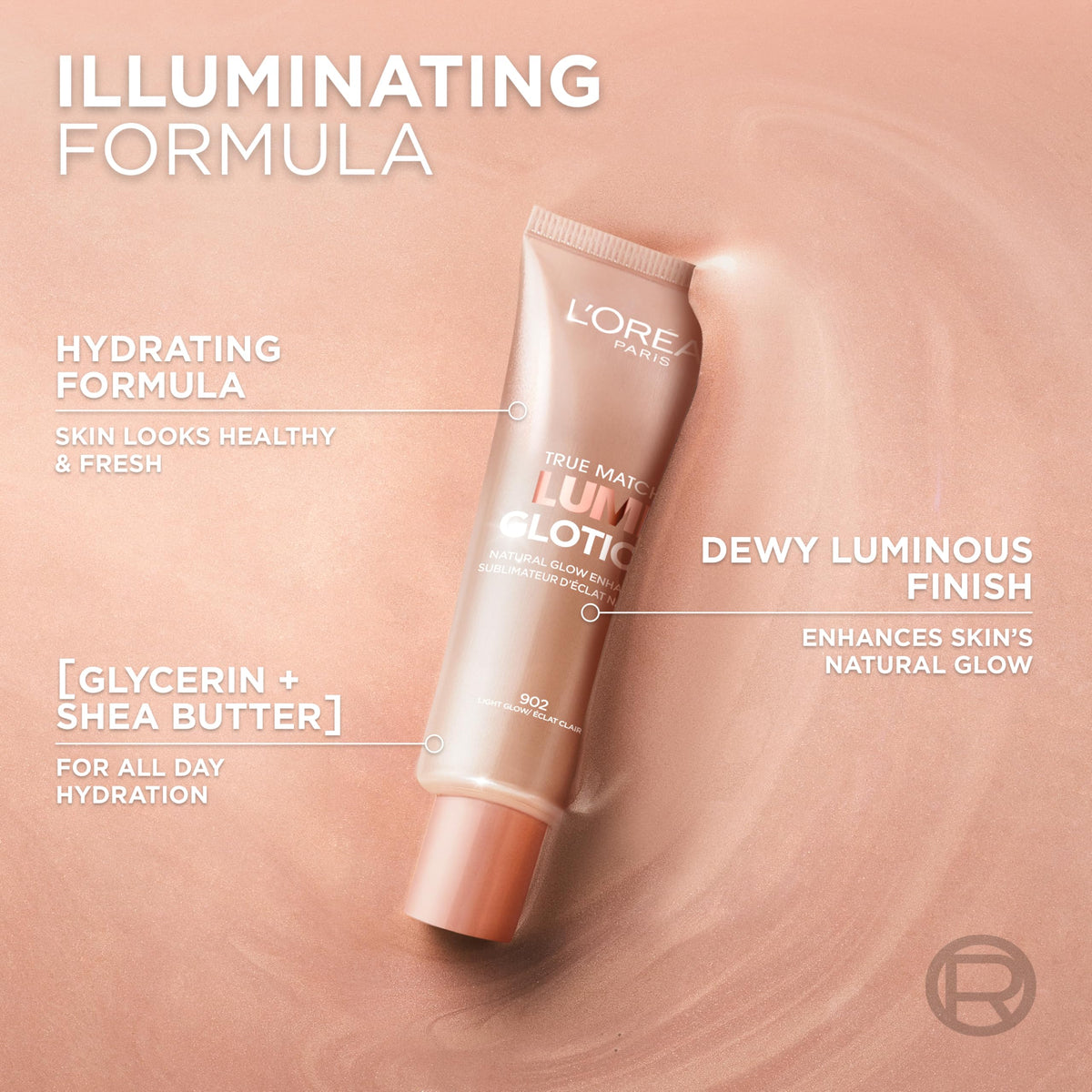 L'Oreal Paris applying Lumi Glotion to cheekbone for instant highlight