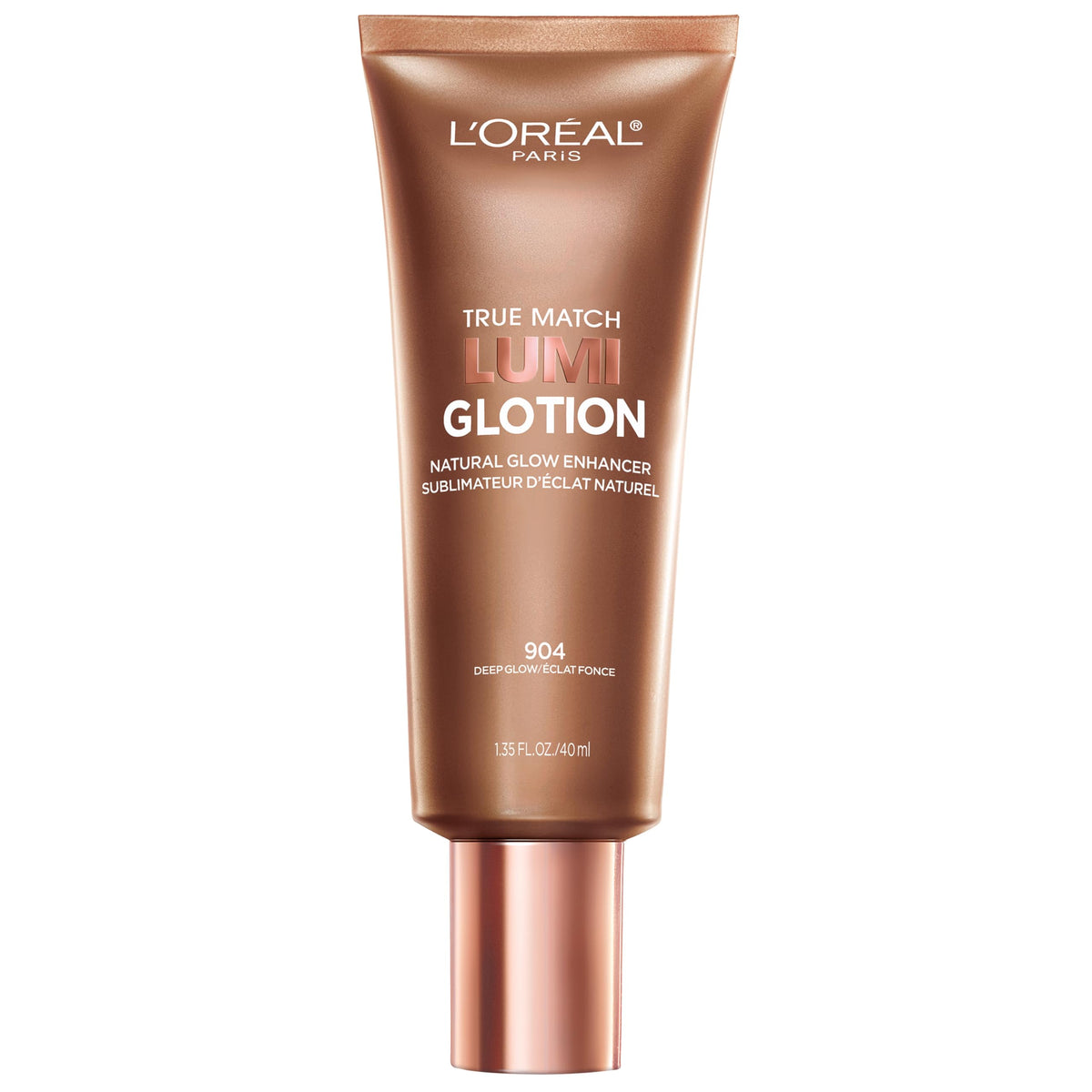L'Oreal Paris front packaging of Lumi Glotion showing size and shade