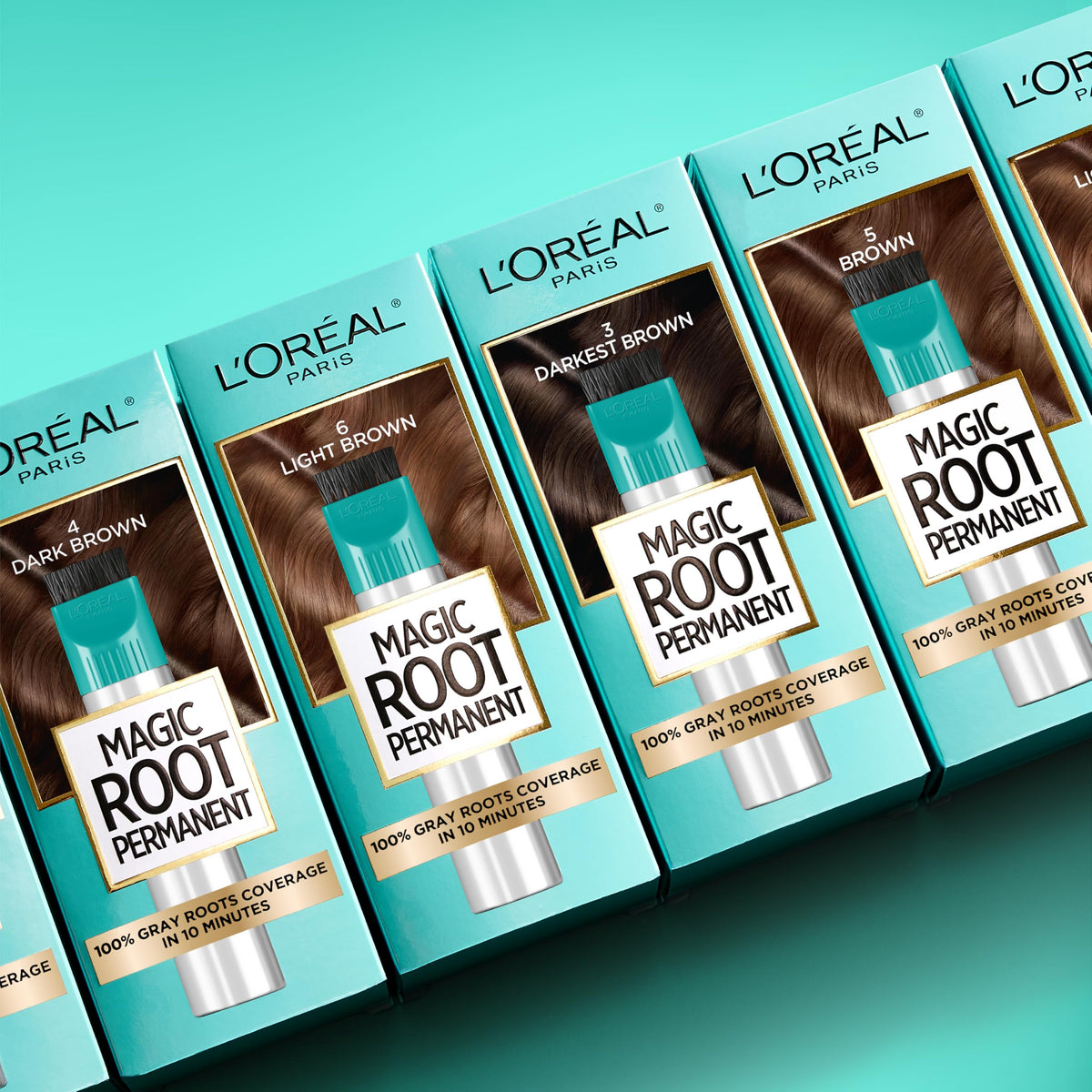 L'Oreal Paris model applying color to roots for fast 10-minute coverage