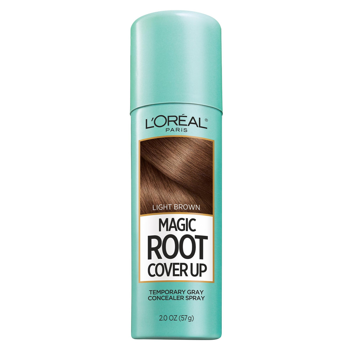 L'Oreal Paris front packaging showing spray can and light brown shade benefit coverage