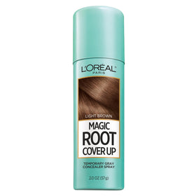 L'Oreal Paris front packaging showing spray can and light brown shade benefit coverage
