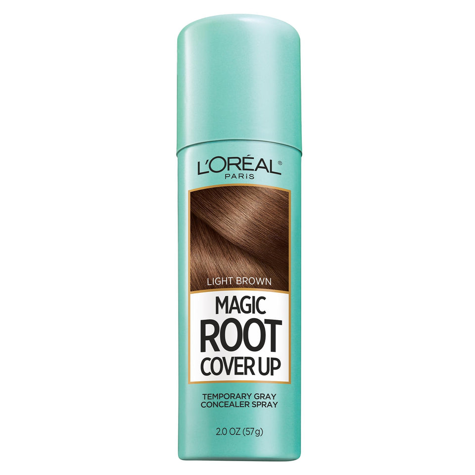 L'Oreal Paris front packaging showing spray can and light brown shade benefit coverage