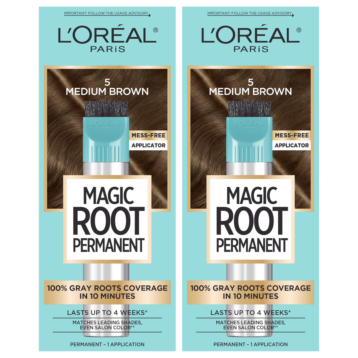 L'Oreal Paris front packaging showing shade 5 medium brown and coverage claims