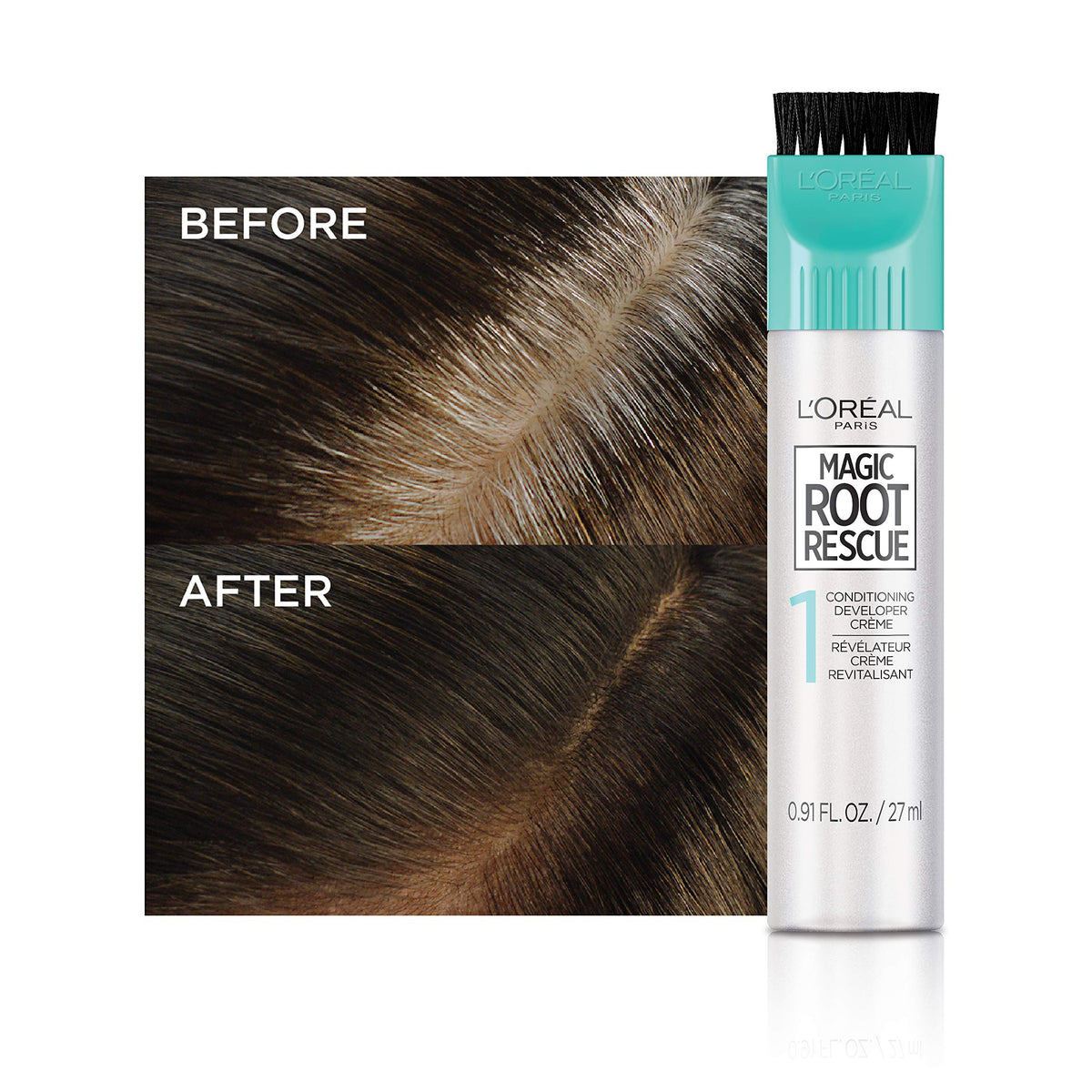 L'Oreal Paris applicator in hand demonstrating targeted root application benefit