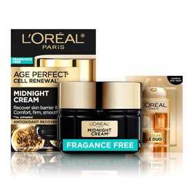 L'Oreal Paris front jar view showing midnight cream packaging and elegant branding benefits