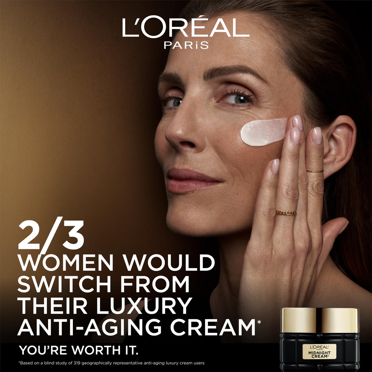 L'Oreal Paris jar on bathroom shelf in lifestyle setting showing nightly routine benefit