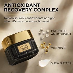 L'Oreal Paris Midnight Serum sample next to jar illustrating boosted results