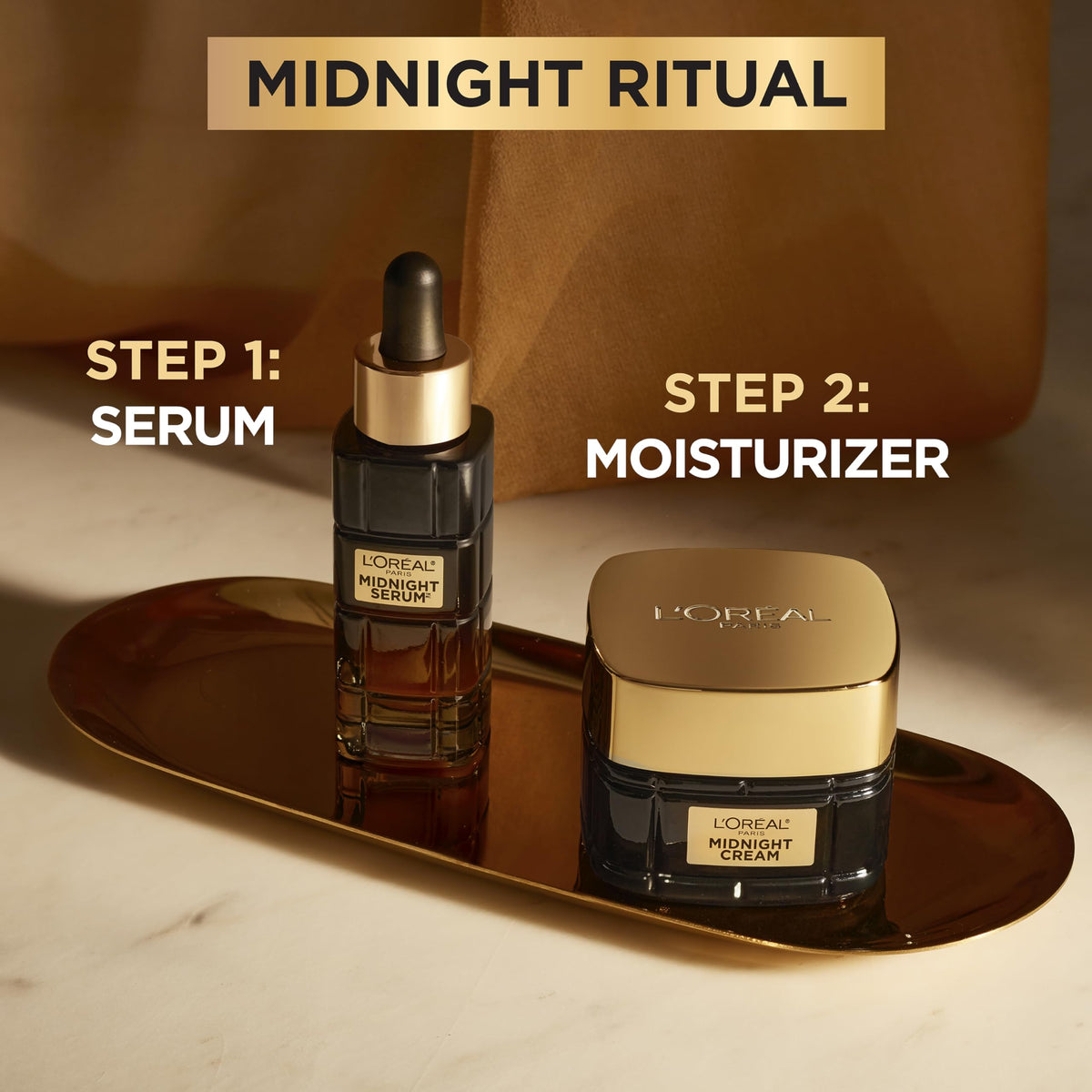 L'Oreal Paris midnight cream with included serum sample showing layering for enhanced results