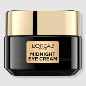 L'Oreal Paris midnight eye cream jar front shows elegant design and restful recovery