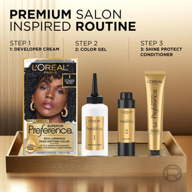 L'Oreal Paris kit contents displayed with gloves and instructions for easy use