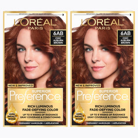L'Oreal Paris pack front showing Chic Auburn Brown 6AB and benefits