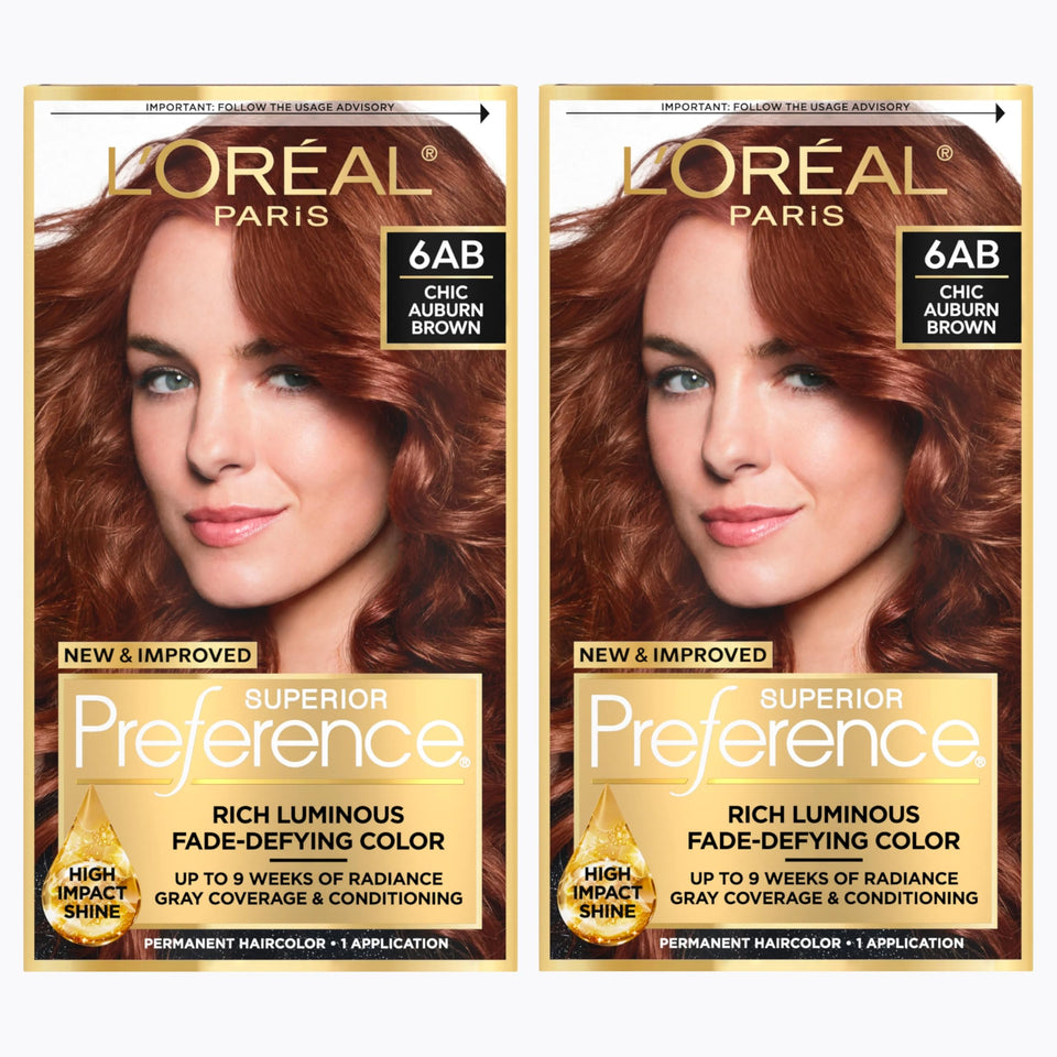 L'Oreal Paris pack front showing Chic Auburn Brown 6AB and benefits