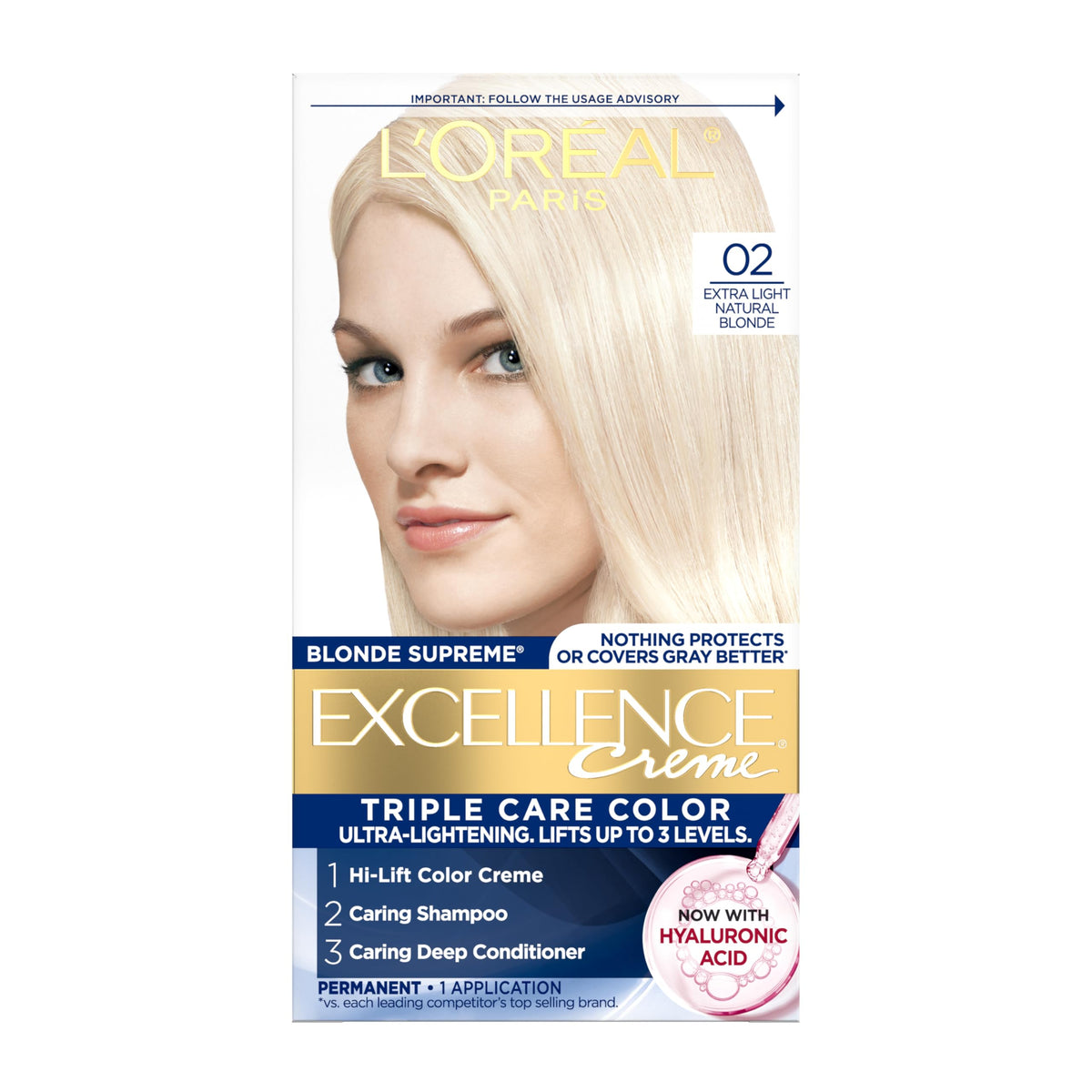 L'Oreal Paris front packaging showing Excellence Crème kit and benefits