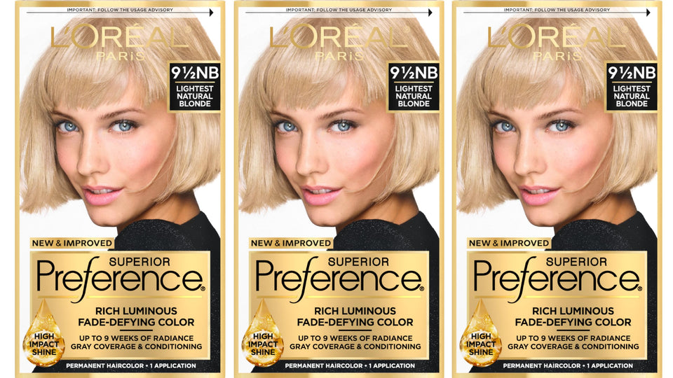 L'Oreal Paris front packaging showing 9.5NB shade and pack of three, clear product ID and benefit