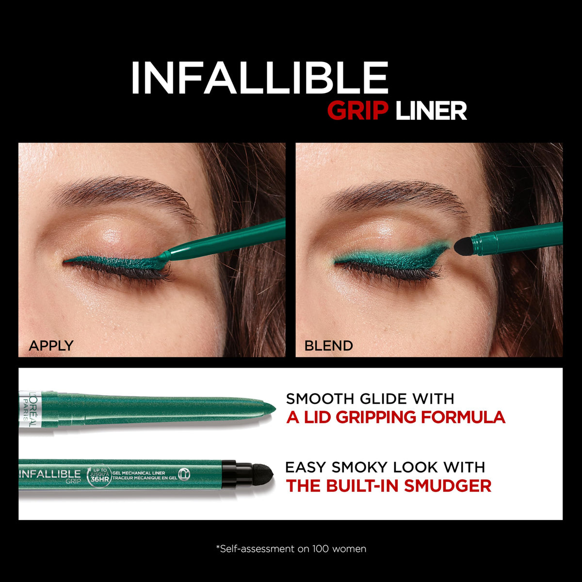 L'Oreal Paris pencil in use along lash line for defined, longwearing color