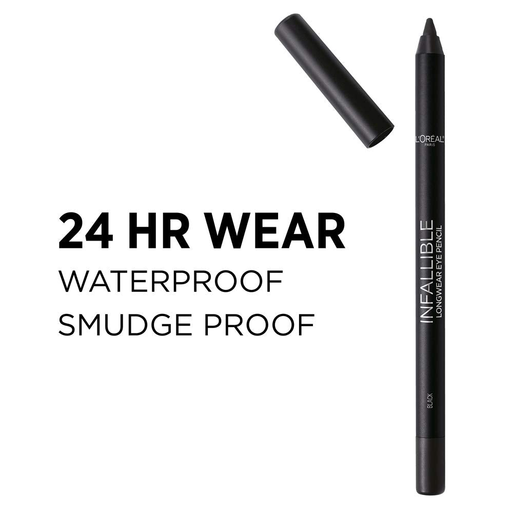 L'Oreal Paris pencil next to a fingertip for size comparison and easy handling