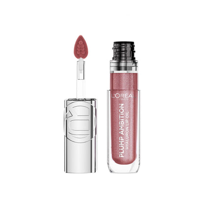 L'Oreal Paris front packaging showing plump ambition lip oil and shimmer