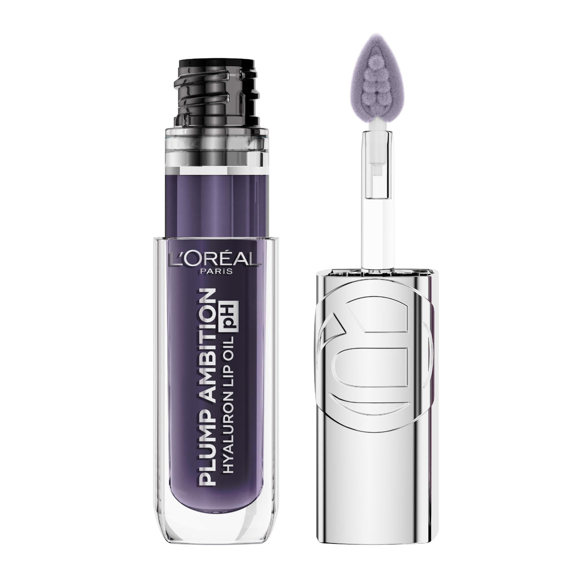 L'Oreal Paris lip oil front packaging showing 090 Berry Noir and glossy finish benefit