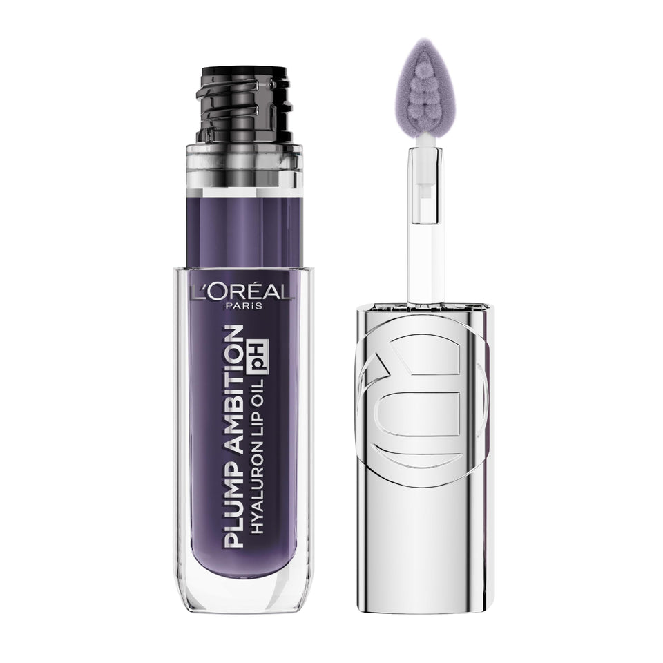 L'Oreal Paris lip oil front packaging showing 090 Berry Noir and glossy finish benefit