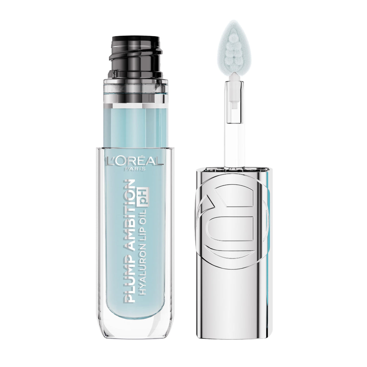 L'Oreal Paris front packaging of Plump Ambition lip oil showing bottle and label benefits