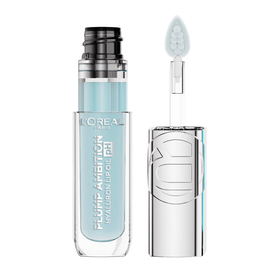 L'Oreal Paris front packaging of Plump Ambition lip oil showing bottle and label benefits