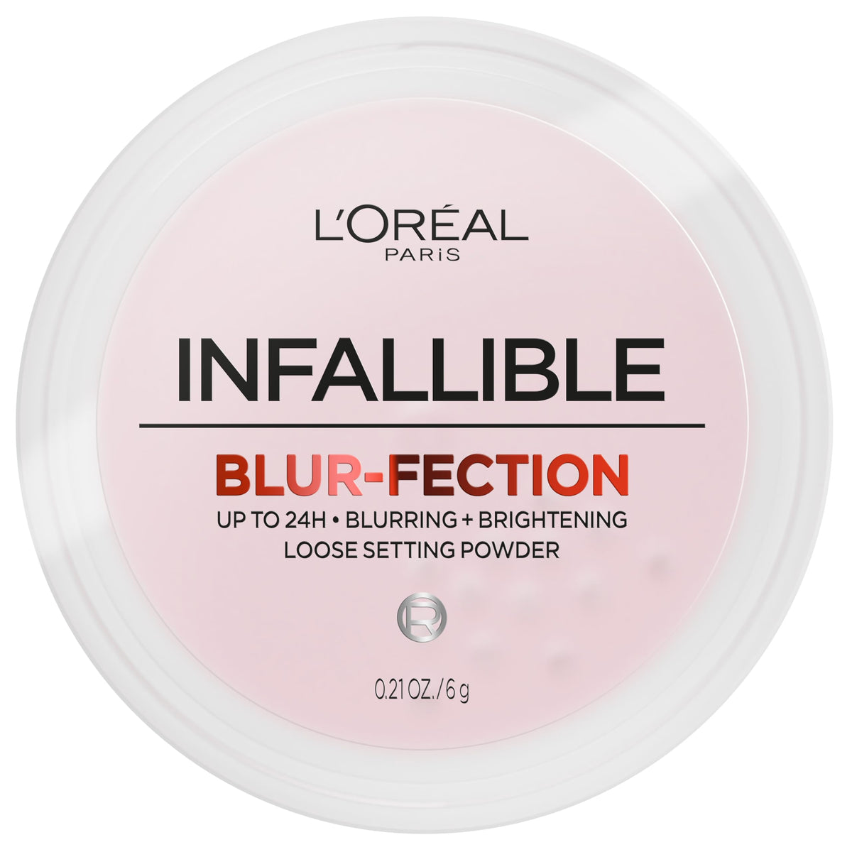 L'Oreal Paris powder front packaging showing compact jar and label, infallible finish benefit