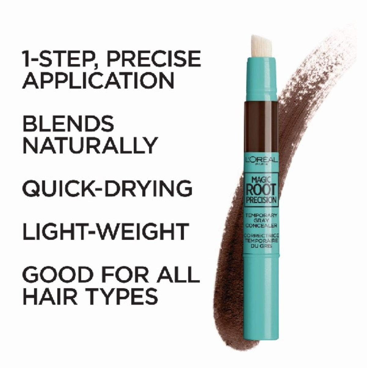 L'Oreal Paris brush close-up highlighting precision tip for targeted gray concealment
