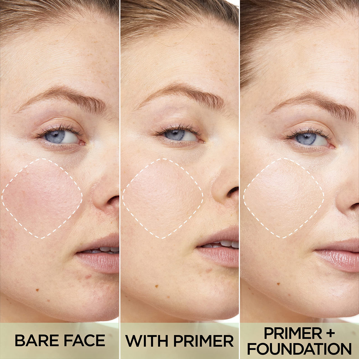 L'Oreal Paris primer being blended on cheek to reduce redness and extend makeup wear