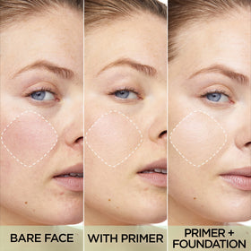 L'Oreal Paris primer being blended on cheek to reduce redness and extend makeup wear