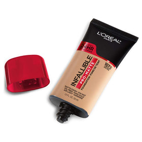 L'Oreal Paris close-up of pump dispensing foundation, shows controlled product delivery