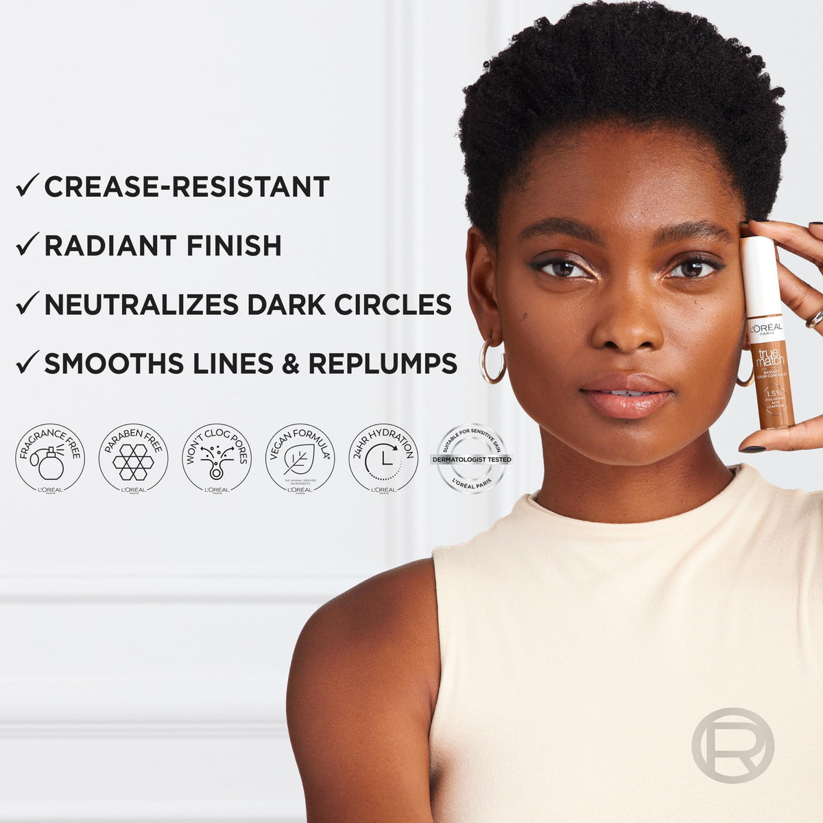 L'Oreal Paris label close-up highlighting hyaluronic acid and caffeine