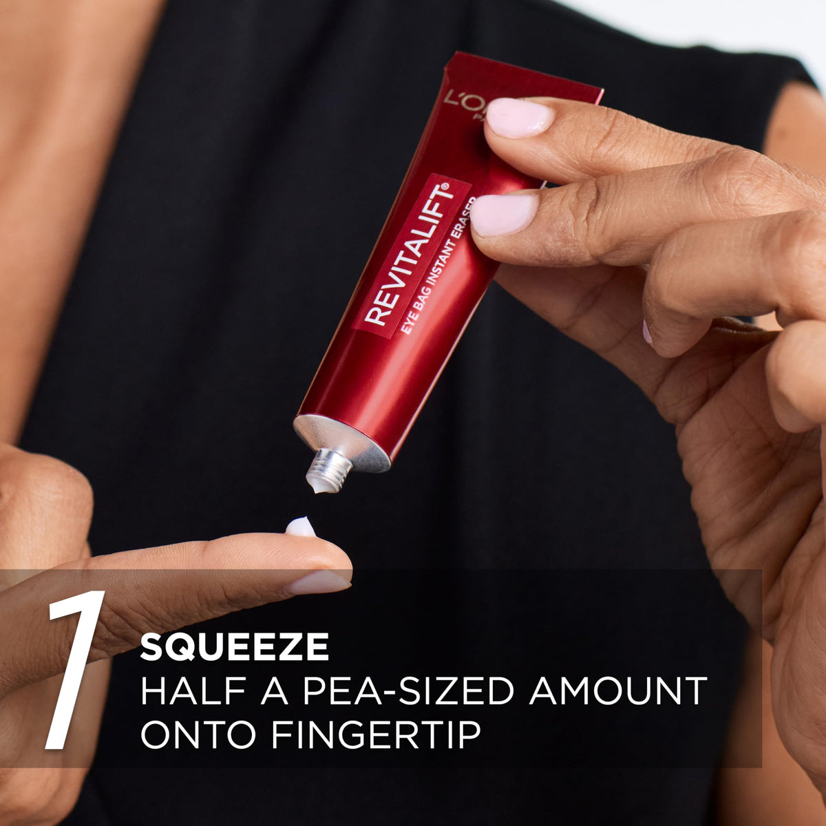 L'Oreal Paris application demo on under-eye, shows instant visible tightening benefit