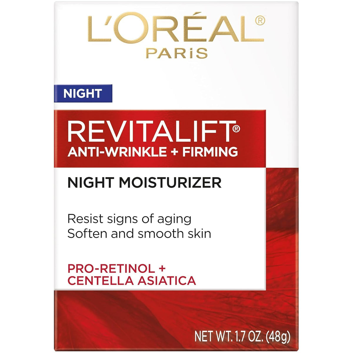 L'Oreal Paris RevitaLift front jar showing packaging and benefit of firming