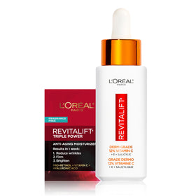 L'Oreal Paris front packaging showing serum bottle and box, highlights brightening benefit